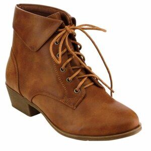 Top Moda Women's Foldover Lace Up Ankle Boots Low Block Heel Booties Derby Shoes